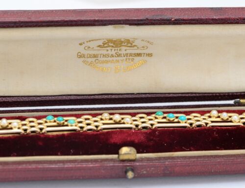 Vintage 14ct Gold Seed Pearl & Turquoise Bracelet In Goldsmiths Box Early 20th C - Picture 8 of 10