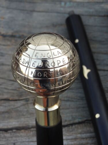 Antiguo Bastón Mango de Globo de Latón Madera Estilo Vintage Bastón Regalo de Diseñador - Imagen 2 de 8