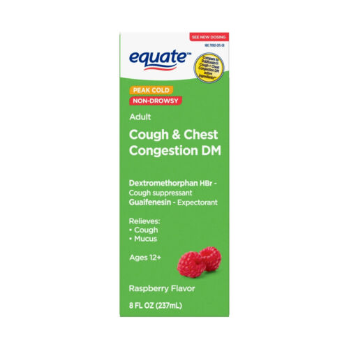 Equate Tussin Cough and Chest Congestion DM, Raspberry Flavor 8 fl oz free ship.