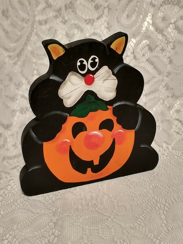 Wood Halloween Cat and Pumpkin Plaque Handmade Adorable Cheerful tblnz1 WAHM - Picture 4 of 4