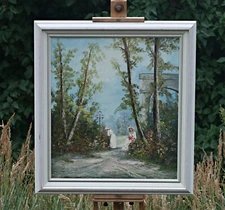 Romantic Gartenszene With Ladies – Oil on Canvas –Signed – with Frame