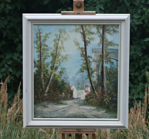 Romantische Gartenszene mit Damen – Öl auf Leinwand – signiert – mit Rahmen - Picture 1 of 7