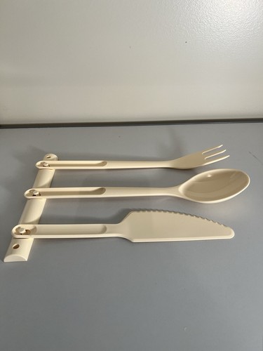TUPPERWARE Küchenhelfer Utensilien *NEU* NOS elfenbein 4-teilig Löffel Messer Gabel & Aufhänger - Bild 1 von 4