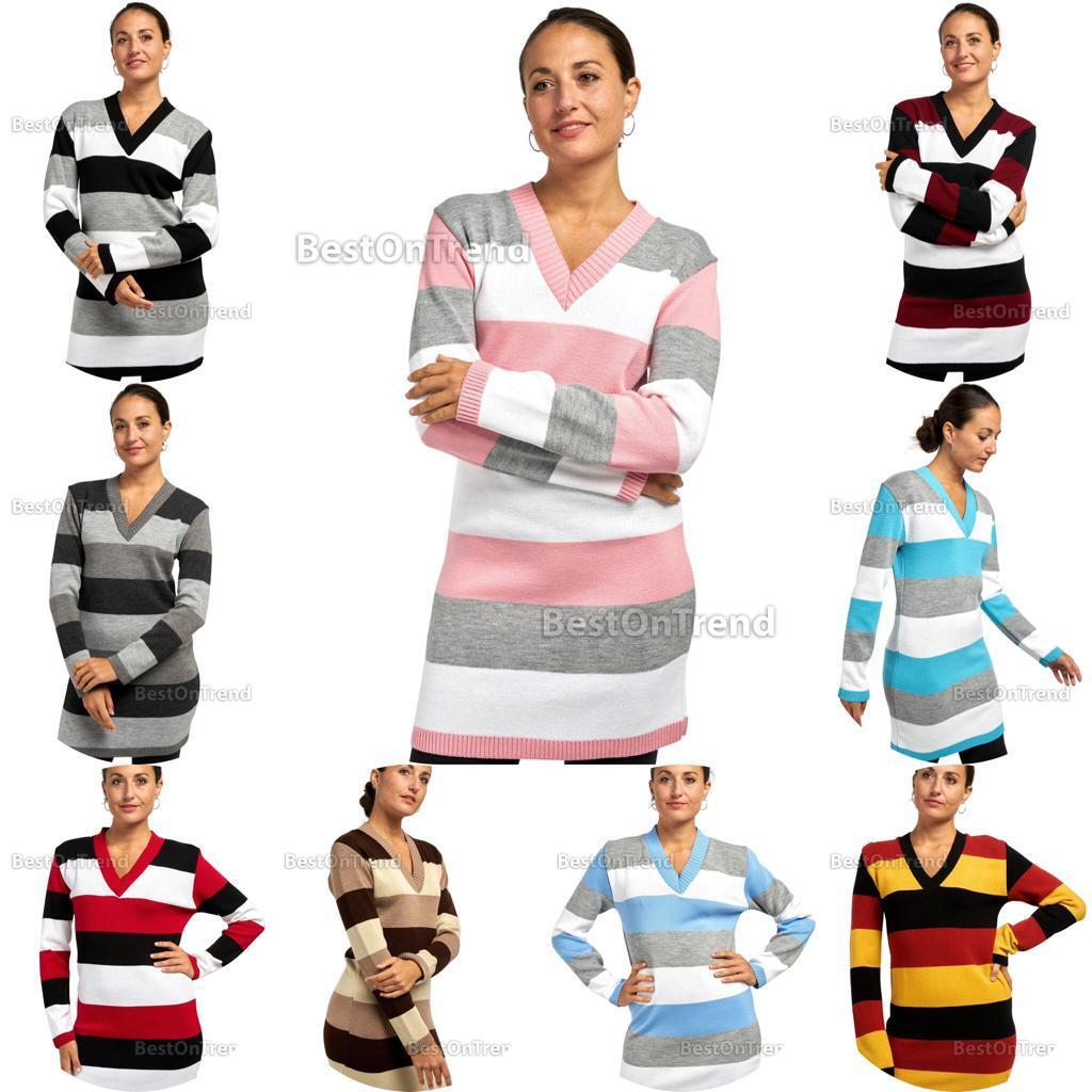 Ladies Knit Long Stripe Winter Sweater Top Jumper Dress V Neck - Main Image