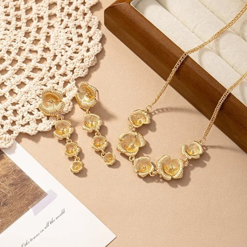 Flower Necklace Drop Earring Set Gold Filled-Floral Long Earring Necklace Set - Picture 5 of 6
