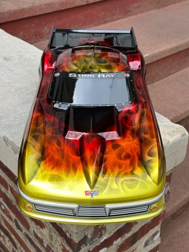 CHEVY VET STINGRAY DRAG BODY, LOSI 22S, AE DR10, SLASH 2WD, CHROME FLAMES - Picture 2 of 10