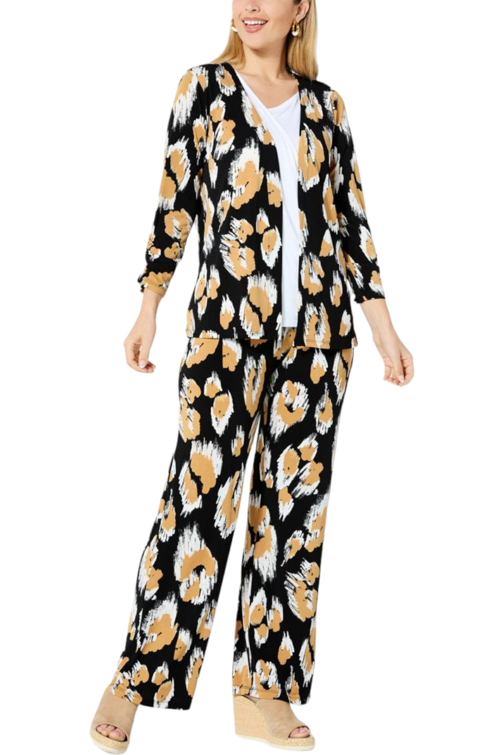 IMAN Global Chic - комплект из 2-х частей драпированного вязанного топа и брюк, черный гепард