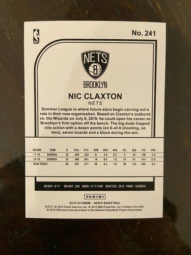 2019-20 Hoops Nic Claxton Rookie Card #241 - Picture 2 of 2