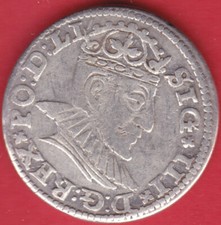 R* POLAND LITHUANIA 3 GROSCHEN 1590 RIGA SIGISMUND III VF+ DETAILS #4354