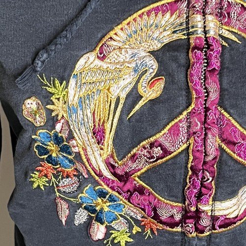 VINTAGE Lucky Brand Embroidered Hoodie Womens Medium Peace Sign Crane Zip Y2K 90 - Picture 4 of 10