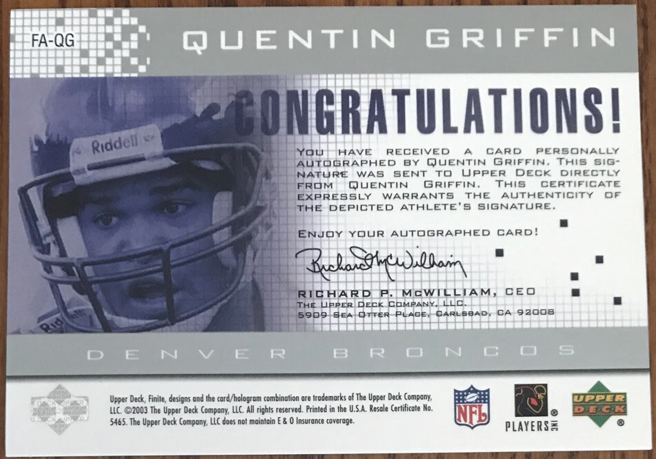 2003 Upper Deck Finite Autographs Quentin Griffin FA-QG #’d 334/447 - Image 2 of 2