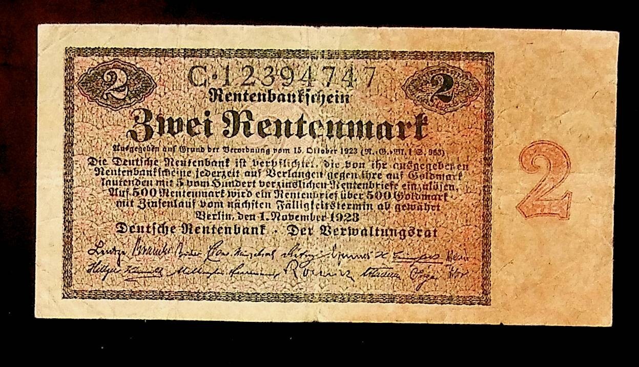 1923 Germany 2 Rentenmark Banknote