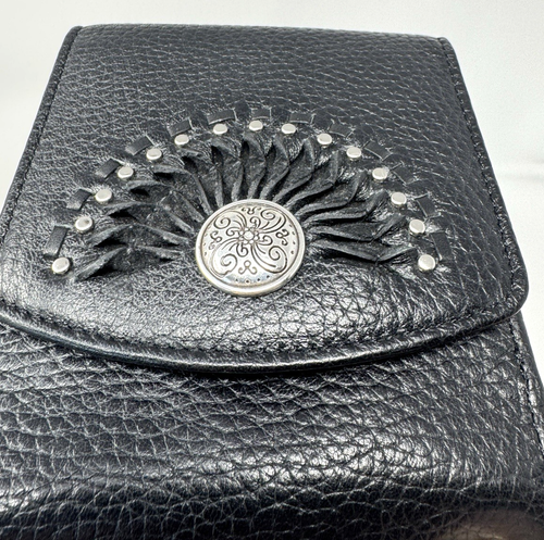 Brighton Leather Wallet Black Snap Closeures Womans Studded Woven Pattern Fold - Picture 5 of 15