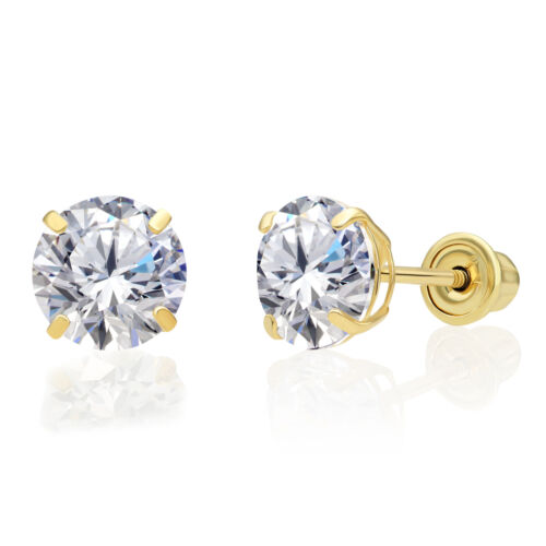 10K Solid Yellow Gold Solitaire Round CZ Sleeper Stud Earrings Screwback 2mm-8mm - Afbeelding 1 van 9