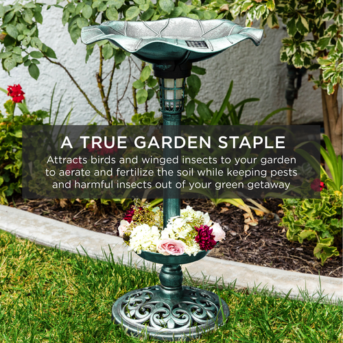 Solar Lighted Pedestal Birdbath With Planter Green Lightweight Garden Yard Decor - Picture 6 of 8