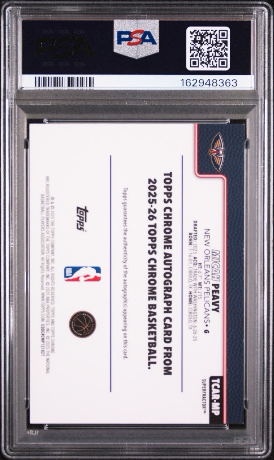 Micah Peavy 2025 Topps Chrome SUPERFRACTOR Auto 1/1 PSA 8 Rookie RC 1 OF 1  view 2