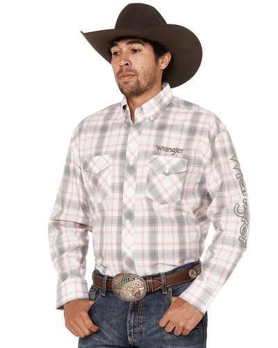 Wrangler Men's Logo Plaid Print Long Sleeve Button-Down Western Shirt -