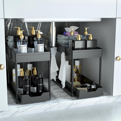 Organizer Sotto Lavello Confezione da 2, Organizzatore Armadio Bagno, Armadio Scorrevole a 2 Livelli - Foto 11 di 12