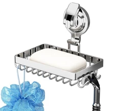 Soap Dish for Shower, Suction Cup Soap Holder with 4 Hooks, 304 Stainless Ste...