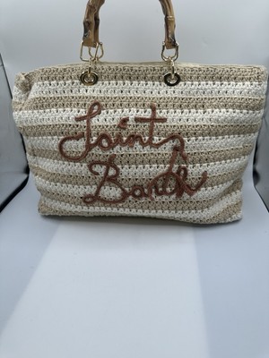 MC2 Saint Barth Victoria Beige & White Crochet Bamboo Handles Tote Handbag. READ