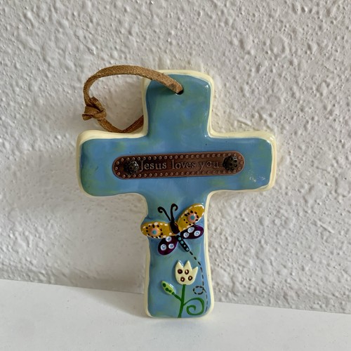 Natural Life Ceramic Cross "Jesus Loves You" Christian Girl 41/8" x 3 1/8"