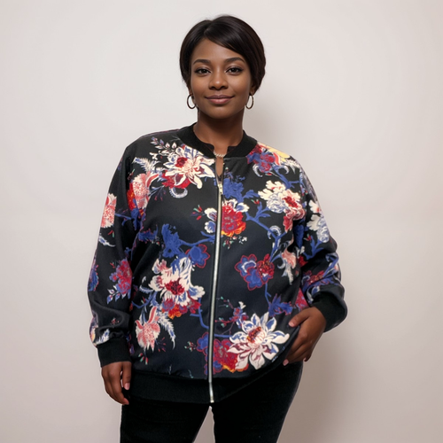 ROCKTHOSECURVES WOMENS BOMBER JACKET BLACK BLUE RED FLORAL ZIP UP PLUS SIZE - Picture 7 of 9