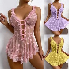 Lace Dress Nightdress Lingerie Sleepwear Babydoll Sexy V-Neck See Through Summer