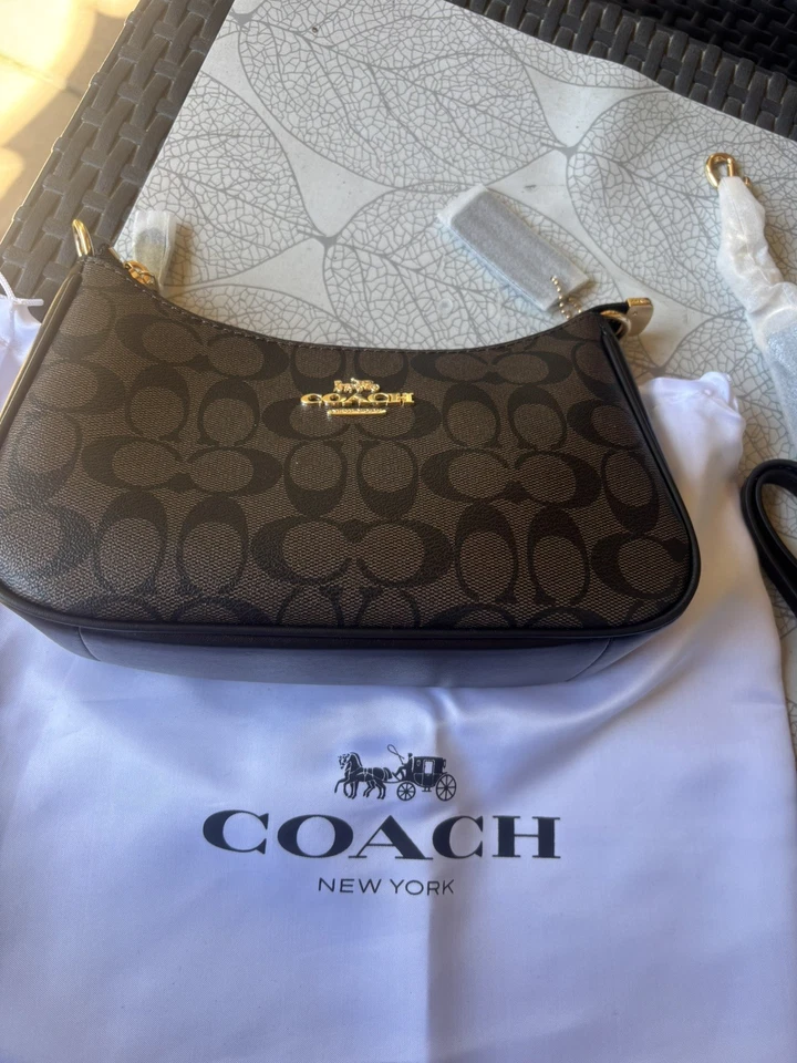 Coach sac bandoulière cuir/toile marron logo, sangle amovible, zip, dust bag - Photo 1/2