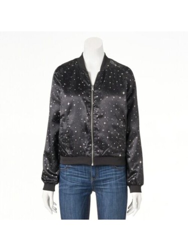 LOVE FIRE Womens Black Zippered Reversible Ribbed Trim Bomber Jacket XS - Picture 3 of 6