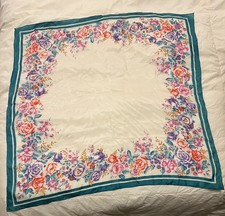 Beautiful Floral Scarf With White Background And Teal Rim Cottage Core Vintage
