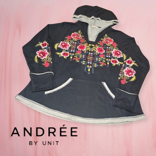 Andree by Unit Embroidered Floral Faux Suede Terry Hoodie Sweatshirt Grey M - Picture 1 of 7