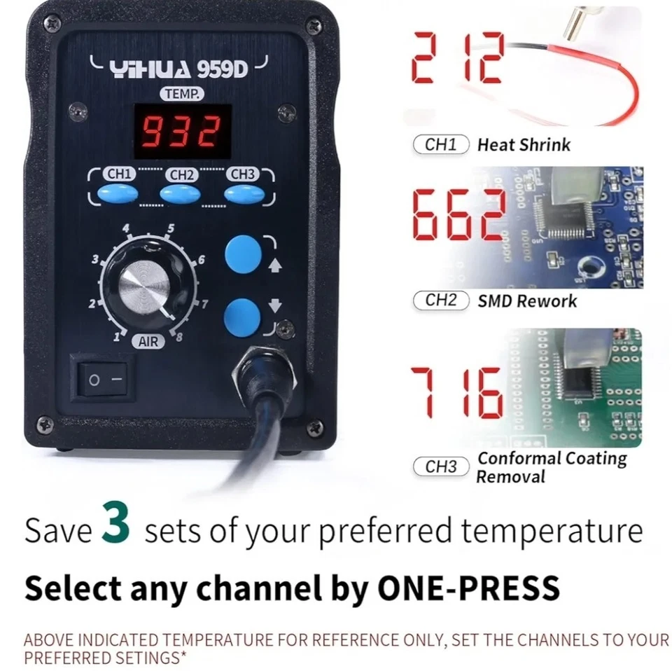 YIHUA 959D-Estación Digital de Retrabajo de Aire Caliente, Alta Potencia con 3 Recuerdos,... Foto 2 de 4