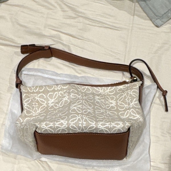Loewe Monogram Canvas & Leather Zip Shoulder Bag Beige/Brown Gold Hardware