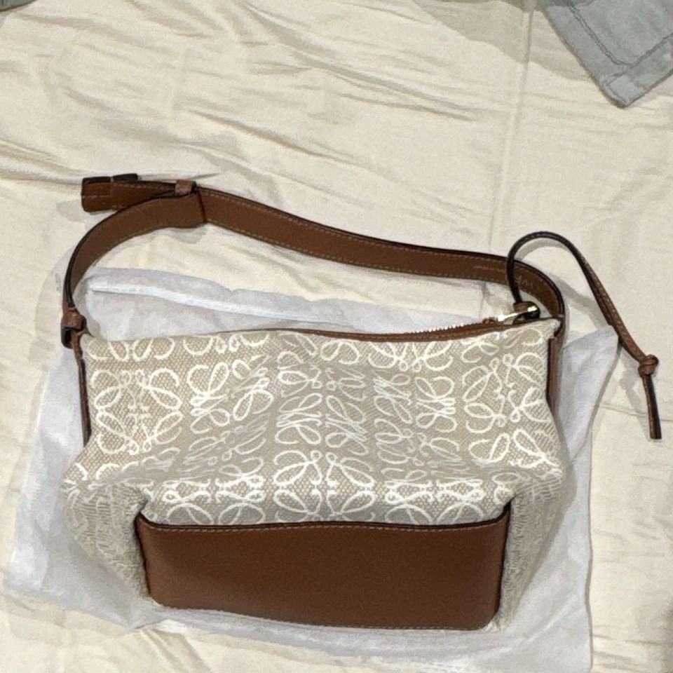 Loewe Monogram Canvas & Leather Zip Shoulder Bag Beige/Brown Gold Hardware