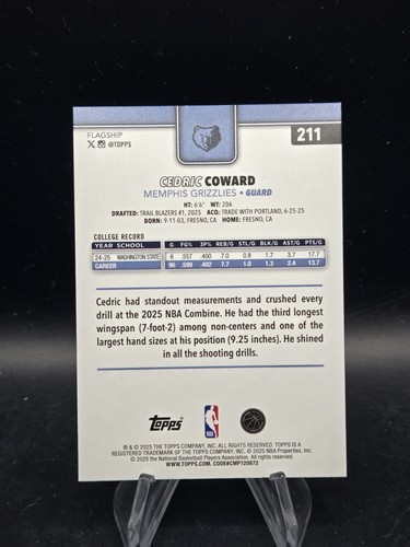 2025-26 Topps Cedric Coward Purple Glitter Foil RC Rookie /250 Memphis Grizzlies - Picture 2 of 6