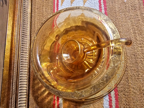 Seltene alte 3 Stück Braunglas Gewürz Kompott Schale mit Schöpfkelle Goldrand Cambridge Glas - Bild 5 von 10