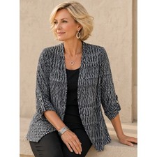 Chico s Open Front Jacket Size XL Black White Lightweight 3/4 Sleeve Blazer
