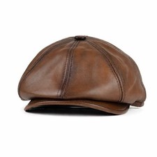 Men Vintage Real Leather Painter Beret Hats Octagonal Newsboy Cap Ivy Flat Hat