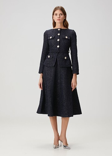 VESTIDO MIDI AUTORRETRATO AZUL MARINO METÁLICO COJO BOUCLE UK 8 US 4 - Imagen 2 de 13