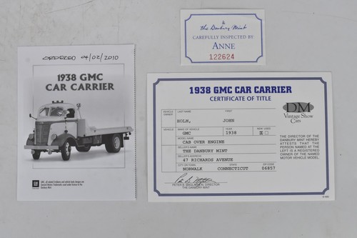 DANBURY MINT 1938 GMC CAB OVER CAR CARRIER BLUE COT PAPERS ORIGINAL BOX #08338 - Picture 9 of 10
