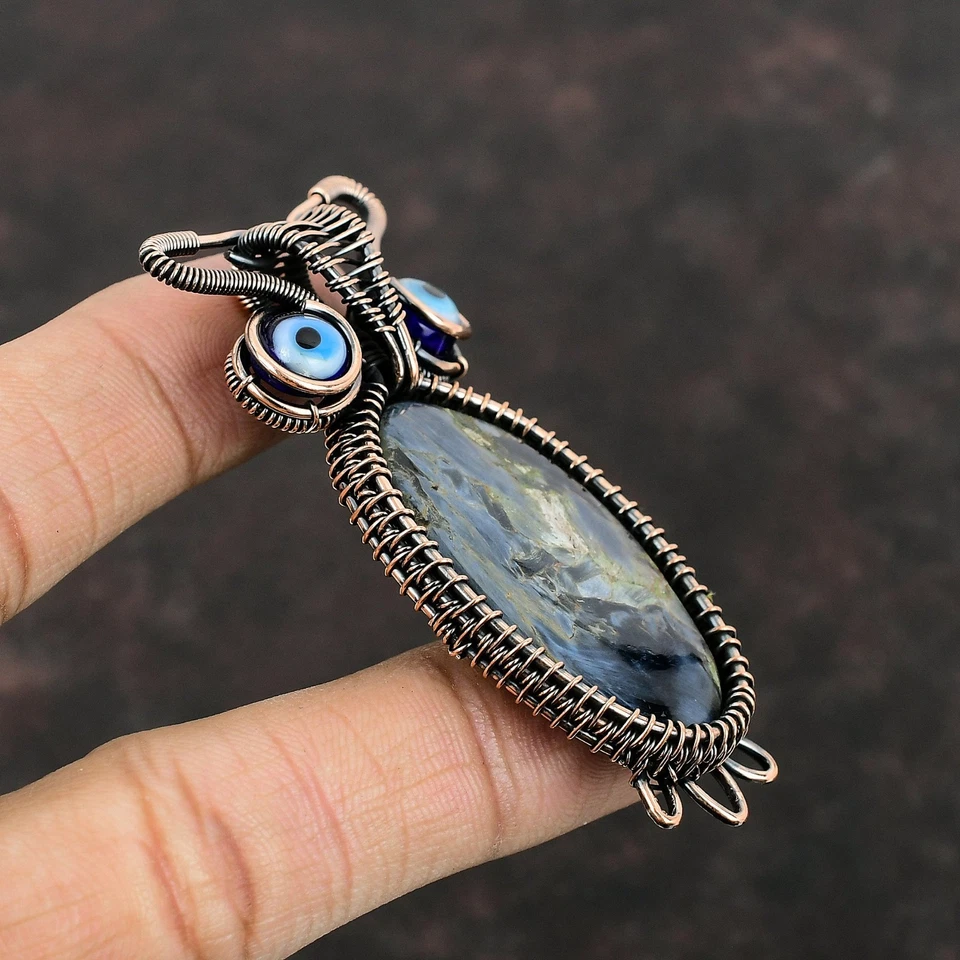 Copper Oval Natural Pietersite Blue Color Evil Eye Owl And Wire Wrapped Pendant - Image 4 of 4