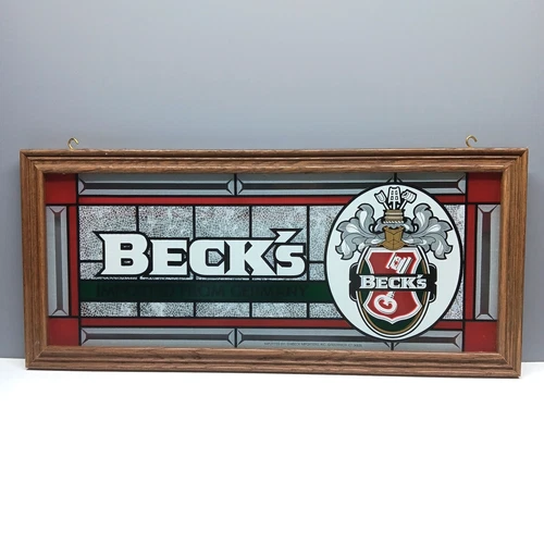 VTG Beck's Imported From Germany Stained Glass Beer Advertising Sign Wood Frame