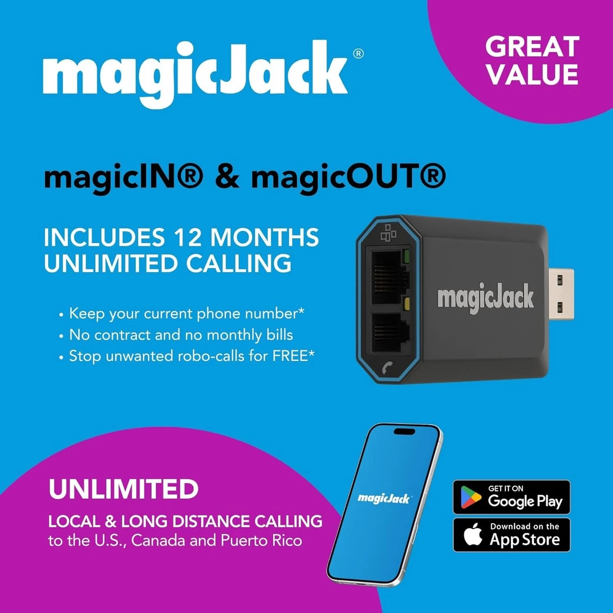 MagicJackGO – Servicio Telefónico VoIP Anual Con Llamadas Ilimitadas A EE.UU., Canadá, Puerto Rico Y USVI