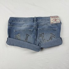 True Religion Denim Shorts Womens 28 Blue Rolled Cuff Horseshoe Pockets Casual
