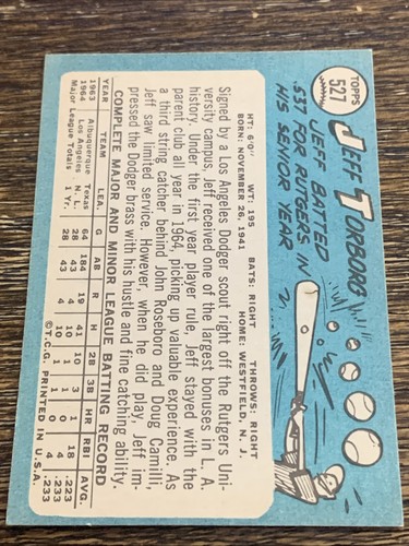1965 TOPPS JEFF TORBORG #527 RC ROOKIE SP HIGH SERIES DODGERS EX-MT OR BETTER - Bild 2 von 2