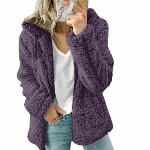 Women Teddy Bear Fluffy Coat Zip Up Winter Cardigan Fleece Hoody Jacket Outwear - Picture 14 of 32