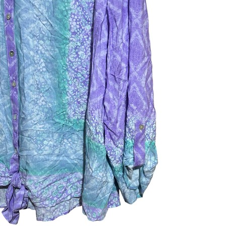 Top donna Ruby Rd 2x blusa multicolore stampa boho rotolo linguetta maniche bottoni nodo - Foto 5 di 8