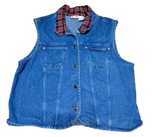 VTG DENIM JEANS VEST SZ L PLAID COLLAR BLUE COTTON SNAP FRONT SUN RIVER WOMENS