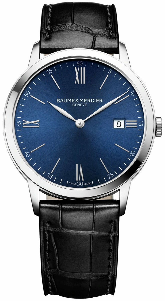 Baume Mercier Classima Blue Dial Black Leather Date Quartz Mens Watch  MOA10324