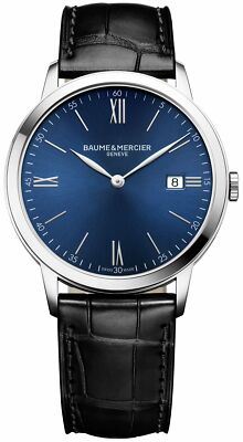 Baume & Mercier Classima Blue Dial Black Leather Date Quartz Mens Watch MOA10324
